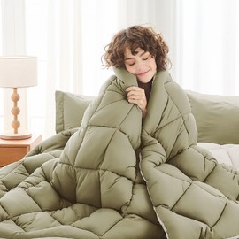 MUXHOMO 7 Pieces Full Comforter Set, Reversible Bed in a Bag Full Size, All Season Bedding Set with Comforter, Flat Sheet, Fitted Sheet, Pillowcases & Shams, Olive Green & Beige