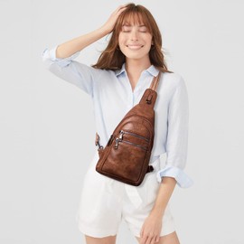 YEWSEA 8L Sling Bag For Women Men Backpack Crossbody Fanny Pack Travel Shoulder Bags Purse Handbag Gifts For Her PU Leather Brown