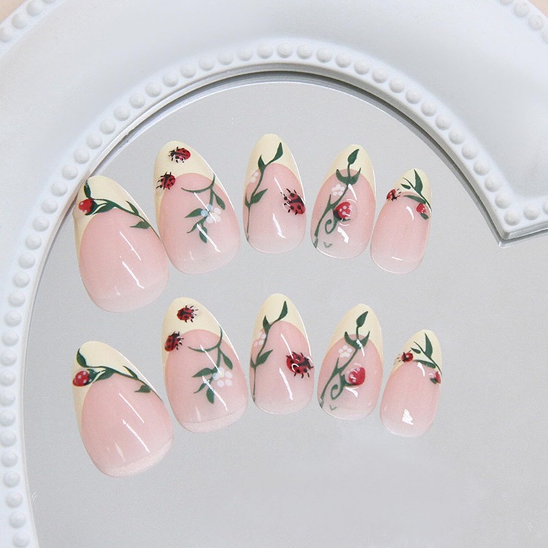 CECOBAG 24Pcs Short Almond Shape Nails with 3D Ladybug Leaf