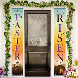 He Is Risen Porch Sign-Happy Easter Supplies,Jesus Door Hanging Banner for Religious Resurrection Decoration(Porch Sign)