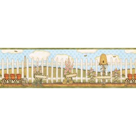 CONCORD WALLCOVERINGS ™ Wallpaper Border Country Pattern Fence Pots Garden Plants Bees for Farmhouse Cottage Kitchen, Green Blue White, 15 ft by 7 in ALB3747