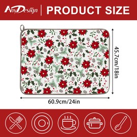 AnyDesign Christmas Absorbent Dish Drying Mat Poinsettia Flower Dish Drainer Mat Xmas Flower Dry Mat Protector Pad for Home Kitchen Countertops Plates Tableware Decor, 18 x 24 Inch