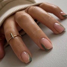 Stbisen Green French Press-On Nails with Gold Wave Design, Nude Base Short Square Shape, Glossy Gel Finish, 30pcs Reusable Acrylic False Nails Kit for Women, Easy Stick-On Manicure