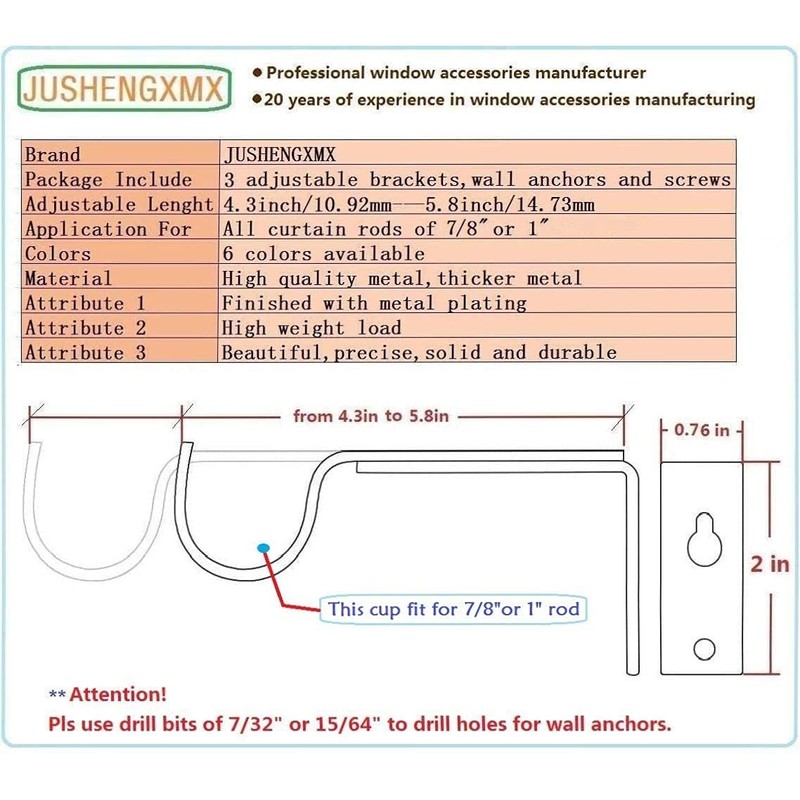 Curtain Rod Bracket Set of 3 for 7/8 or 1
