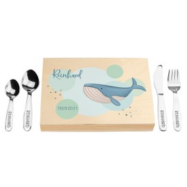 LAUBLUST Children's Cutlery with Name Engraving - Whale Motif UV Print & Gift Box Natural | Cutlery with Name - Christening Gift for Children - Christening Gifts for Boys and Girls | Stainless Steel -