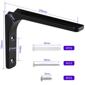 Faankiton Pack of 4 Shelf Brackets, Maximum Load Capacity 70 kg, Angle Shelf with Screws, Multifunctional Metal Angle 90 Degree for Wall Mount Shelf, Shelf Bracket (150 x 200 mm)