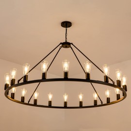 Lanhall 48” 20-Light Extra Large Wagon Wheel Chandelier, Round Black Rustic Farmhouse Chandelier Light Fixture for High Ceiling Living Room Dining Room Stairs Foyer- Adjustable Height Metal E26