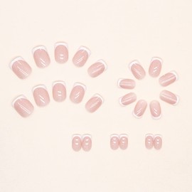 Short Square Press on Nails 24Pcs False Fake Nails Simple Nude White Thick Glossy Acrylic French Nails for Women W397