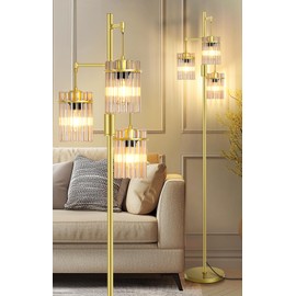 VOUTOORO Industrial Modern Floor Lamps for Living Room, Dimmable Glass Tree Standing Tall Lamps with 3 Elegant Teardrop Cage Head & 800 Lumens LED Bulbs for Bedroom Office (65inch Tall)