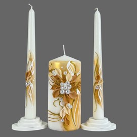 Magik Life Unity Candle Set - Wedding Ceremony & Reception – 6” Pillar & Two 10” Taper Candles – Long Burning Unity Candles for Marriage Ritual – Handmade in USA – White | Gold