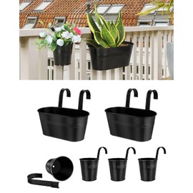 Black Metal Railing Planter for Outdoor Plants - 6 Pack Balcony Hanging Planter Box with Detachable Hooks and Drain Holes Oval Hanging Pots Fence Planters for Railing Garden Fence (11 & 4 Inch)