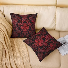 Set of 2 Sugar Skull Pillow Covers 20x20 Inch,Vintage Damask Cushion Covers,Exotic Bohemian Throw Pillow Covers,Gothic Bone Skeleton Decorative Pillow Covers,Bedroom Decor Reversible Soft,Black Red