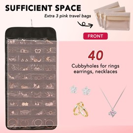 BATHRINS Hanging Jewelry Wall Organizer Set Include Over The Door Jewelry Organizer (48 Jewelry Compartments, 8 Necklaces Hooks) And 3 Travel Jewelry Bags For Sunglasses Earrings Bracelets