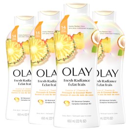 Olay Body Wash for Women, Fresh Radiance, Refreshing & Renewing, Made with Plant Based Cleansers, B3 Botanical Complex, For All Skin Types, Pineapple & Coconut Water Scent, 22 fl oz (Pack of 4)