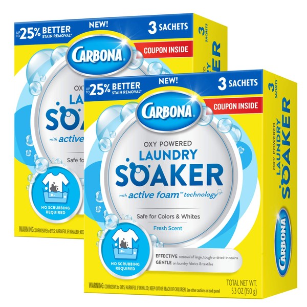 Carbona® Oxy Powered Laundry Soaker with Active Foam Technology | Powerful Stain Remover | Chlorine Bleach Free | Safe on Colors & Whites | 5.3 Oz, 2 Pack