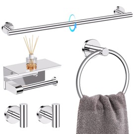TQKAG 5 Piece Bathroom Towel Bar Holder Sets Polished Chrome Bathroom Hardware Set Stainless Steel Toilet Paper Holder with Shelf Bathroom Accessories Kit Wall Mounted