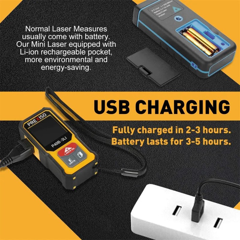 PREXISO Mini Laser Measure 40M/135Ft Rechargeable Digital Laser Distance Meter