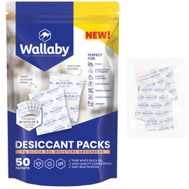 Wallaby 5 gram (50 Packets) Food Safe Pure White Silica Gel Desiccant Dehumidifier Packs - Rechargeable & Coated Moisture Absorbers - Protects Against Moisture Damage - (Packed in 10x Sets of 5)