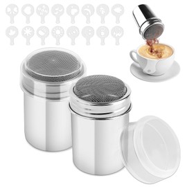 Pack of 2 Stainless Steel Cocoa Shaker with 16 Coffee Stencils, Flour Shaker with Lid, Powdered Sugar Shaker for Cappuccino, Cocoa Powder Shaker for Decorating Coffee Cakes