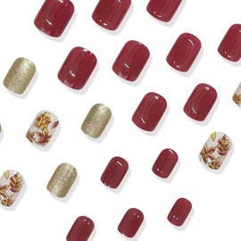 NEWSPIED Fall Fake Nails Short Fall Press on Nails Square Maple Leaf Nails with Gold Glitter Designs Thanksgiving False Nails Glossy Red Full Cover Glue on Nails DIY Fall Acrylic Nails for Women 24Pcs