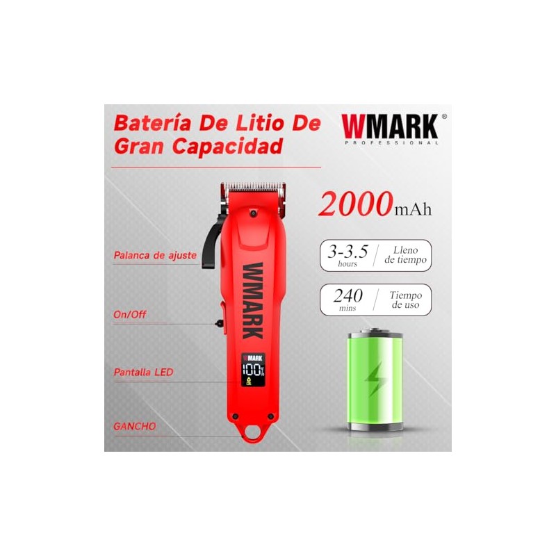 WMARK 1005 Máquina Cortar Cabello Profesional Inalámbrica, Rojo