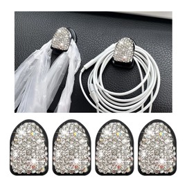 Yourkar 4PCS Bling Car Mini Hooks, Multifunctional Adhesive Small Auto Storage Hook for Key Cable Mask, Crystal Rhinestone Dashboard Hanging Hook, Interior Decor Car Accessories (White)