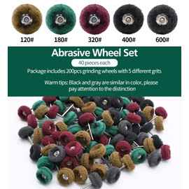 200pcs Abrasive Wheel, 1" Buffing Polishing Wheels, Metal Polishing Compound for Rotary Tools-1/8(3mm) Shank, 120 Grit, 180 Grit, 320 Grit, 400 Grit, 600 Grit