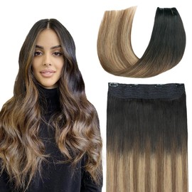 SURNEL Wire Hair Extensions Real Human Hair Balayage Natural Black to Chocolate Brown and Caramel Blonde 18 Inch 80g Fish Line Hair Extensions(18, 1B/4/27)