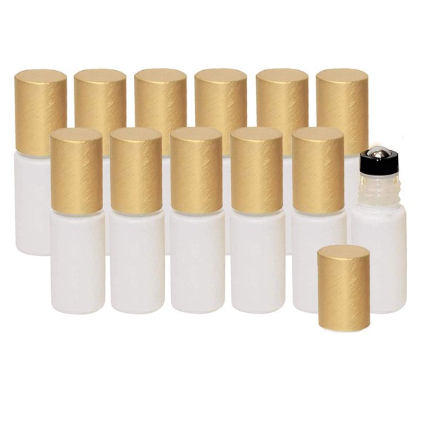 Holistic Oils 12 Pack Essential Oil Roller Bottles, Stainless Steel - 5ml White Glass Rollers, Gold Caps - Leak Proof Empty Set For Travel, Perfume, Blends, Lip Gloss