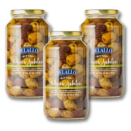 DeLallo Olives Jubilee, Mix of Kalamata, Nicoise, Picholine, and Green Olives in Tangy Marinade and Spices, Briny Buttery Flavor, Non-GMO, Gluten-Free, Kosher, Vegan, 32 oz Jar, (3 Pack)