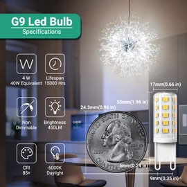 TJOY G9 LED Bulb Daylight 4W, 40W T4 G9 Halogen Equivalent 10 Pack, 6000K G 9 Bi Pin Base Light Bulbs for Chandelier, Non-dimmable for Home Lighting, 120V No-Flicker, 450LM, 360° Beam Angle