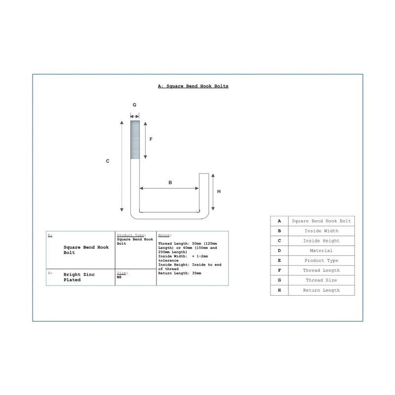 Square Bend Hook Bolt M8 50mm Width x 200mm Length,