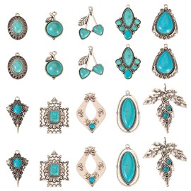 Pandahall 20Pcs Western Charms for Jewelry Making, Tibetan Turquoise Pendants Cross Flower Cherry Antique Alloy Charms for Necklace Bracelet Earring Making
