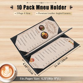 FLKQC Menu Covers 4.25" x 11" – 10 Pack 1 View Black PU Leather Restaurant Menu Holders, Single Panel with Angled Corners for Food Menus, Wine Lists & Drink Specials & Cocktail, Perfect for Parties