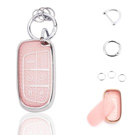 vehicleloong Key Fob Cover Case Shell Keychain for Jeep Grand Cherokee Compass Wrangler Renegade Dodge Durango Charger Challenger Dart Journey Chrysler 200 300 Accessory Accessories, Silver Pink, TPU