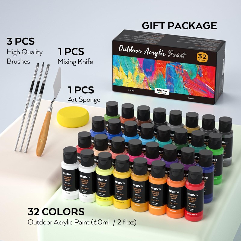 Nicpro 32 Colors Outdoor Acrylic Paint Bulk with Brush and