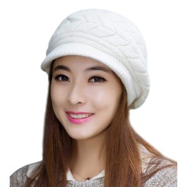 KEYDUACU Women Winter Warm Knit Hat Wool Snow Ski Caps with Visor (AU, Alpha, One Size, Medium, White)