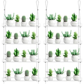 Ziliny 2 Pcs 4 Tier Clear Hanging Window Plant Shelves Acrylic Shelves Hanging Plant Stand Window Plant Hanger Flower Pot Organizer Storage for Indoor Windows Wall Garden Kitchen Grow Herb Succulent