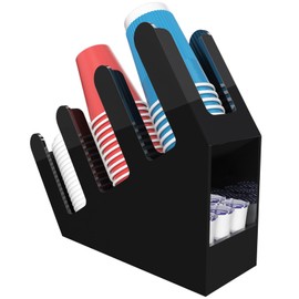 WINFFOR 3-Compartment Disposable Cup Holder - Cup and Lid Holder with Straw Organizer Black Acrylic Cup Dispenser with Coffee Pod Storage for Coffee Station Bar Countertop Restaurant Breakroom