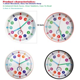 SYOYUEX Learning Time Teaching Clock for Kids ，10 Inch Silent Clocks with Thermometer，Décor at School,Bedroom,Kitchen,Classroom,Clear Digital Wall Clock for Kids Room (Black)