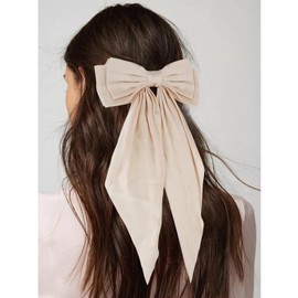 JOYRUBY 2PCS Hair Bows for Women, Big Hair Bows White Hair Bow Clips, Beige Bow for Hair Long Tail Satin Hair Bow for Girl, Large Hair Bows Coquette Bows Bowknot Hair Accessories