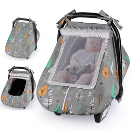 FIOBEE Baby Car Seat Cover, Car Seat Covers for Babies Infant Car Seat Canopy with Breathable Mesh Window Waterproof Carseat Cover for Babies Boy Girl 4 Seasons, Gray/Tree
