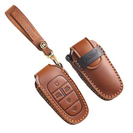 HIBEYO Fit for Hyundai Genuine Leather Key Fob Cover Compatition with Hyundai Sonata Santa fe Tucson Palisade Cruz Ioniq Accessories Key Case Smart Key Shell with Keychain-5 Button Brown