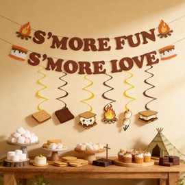 Camping Smores Themed Party Decorations,S'more Fun and Love Banner with Hanging Swirls for Camping Smore Birthday Party Decor Supplies