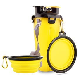 Dog Travel Water Bottle Collapsible Bowls, 2 in 1 Pet Food Container with Collapse Bowls, Outdoor Portable Water Bowls for Walking, Traveling, Camping and Hiking (Yellow)