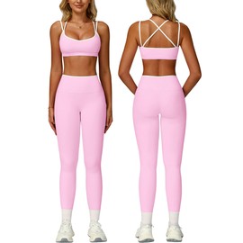 Womens Workout Sets Two Piece Cami Straps Cross Back Color Block Sports Bras Matching Tummy Control High Waist Leggings 2 Piece for Women Gym Yoga Active Wear Outfits Athletic Work Out Set Pink M