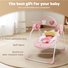 Baby Swings for Infants, Baby Girl Swing for Newborn, Portable Infant Swing with Music, Adaptable Speed, Timing, Soft Cushion, 0-9 Months 20 lbs(Pink)