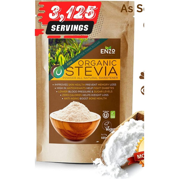 Organic Stevia Powder 125g (4.4oz / 3125-Servings) - Premium USDA Certified All Natural Alternative-Sweetener 320x Sugar Free Non-GMO 0 Calories Vegan No Aftertaste Kosher