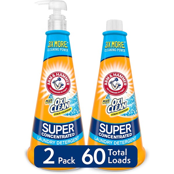 Arm & Hammer Plus Oxiclean Super Concentrated Laundry Detergent, 2 X 15.27 Oz Bottles with Reusable Pump (60 Loads), 30.54 Oz