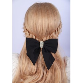 Jumwrit Big Black Hair Bow Clip Satin Bow Hair Barrette with Metal Clip Vintage French Style Rhinestone Bowknot Hair Clip Ponytail Holder 90's Accessories for Party Valentine's Day Women Girls (Black)